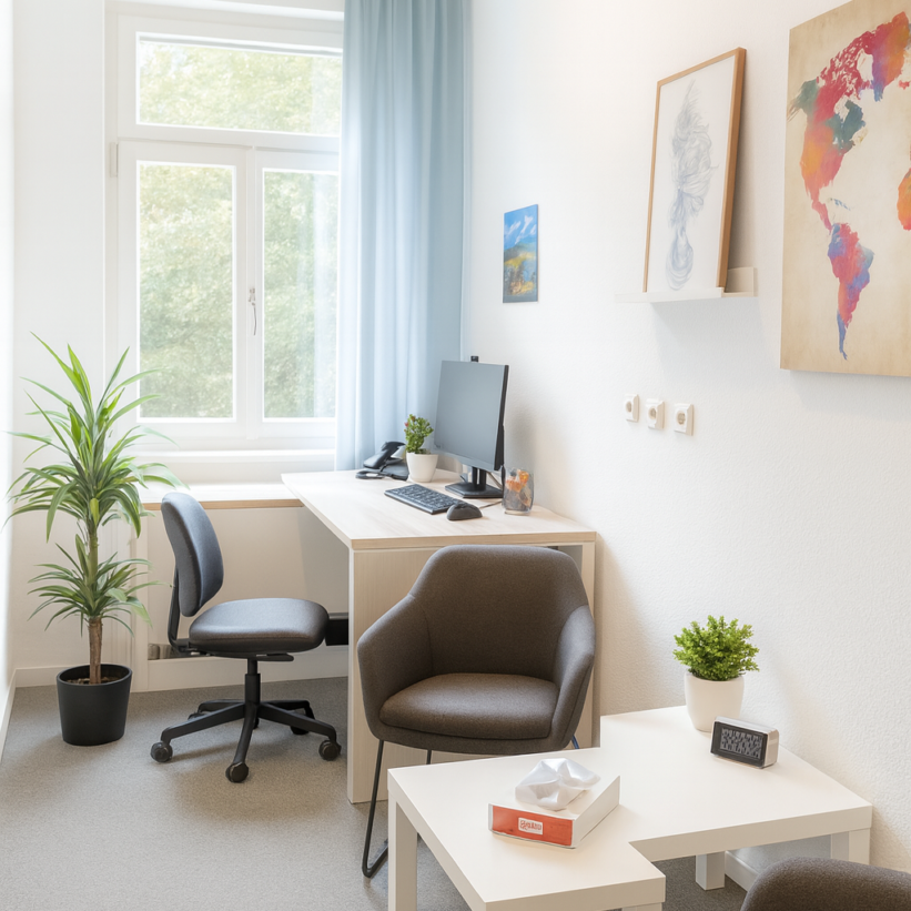 Ein Zimmer ist zu sehen, das mit einem Schreibtisch, Computer und Sitzmöglichkeiten ausgestattet ist.